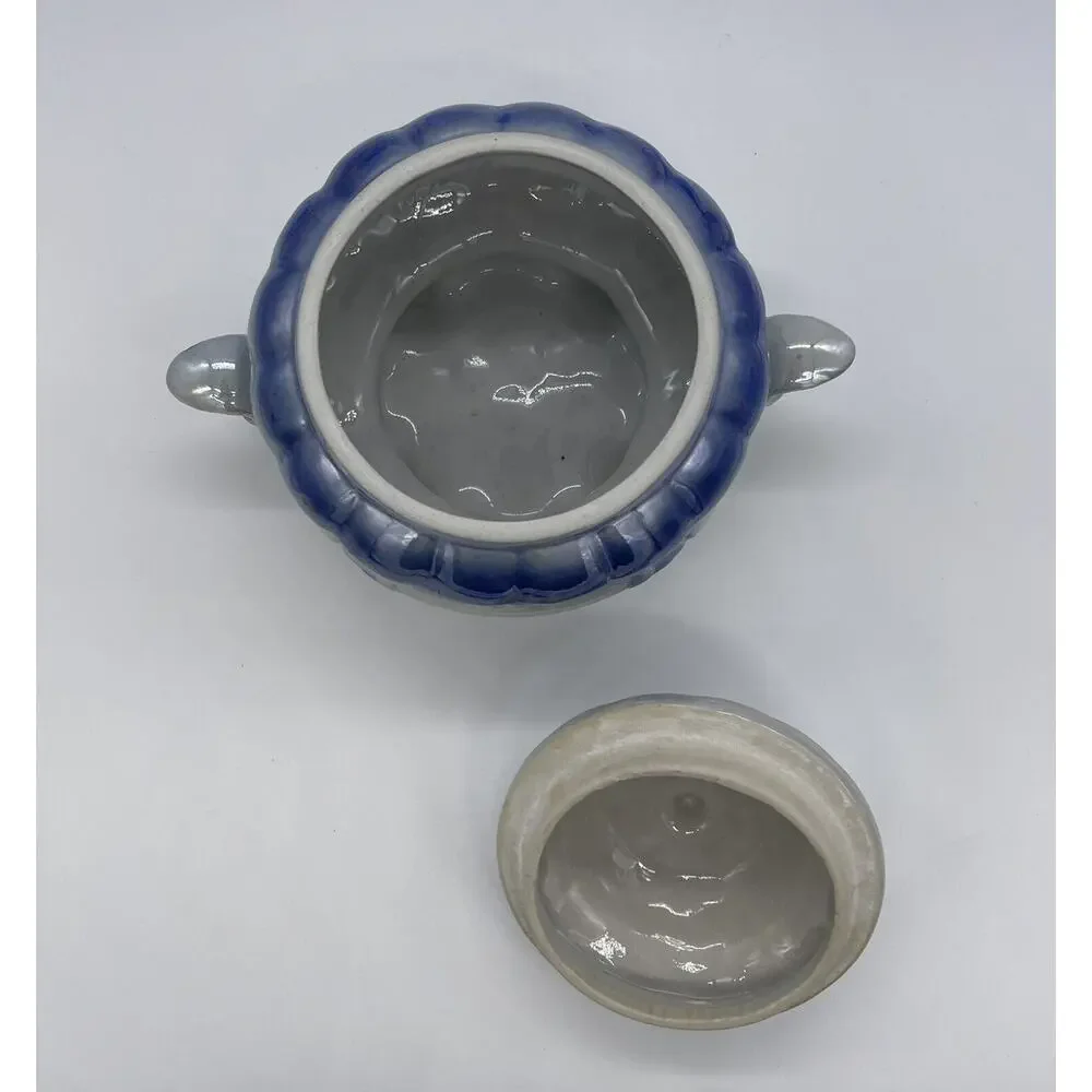 Vintage Lusterware Ceramic Bowl w/ Lid Blue & White